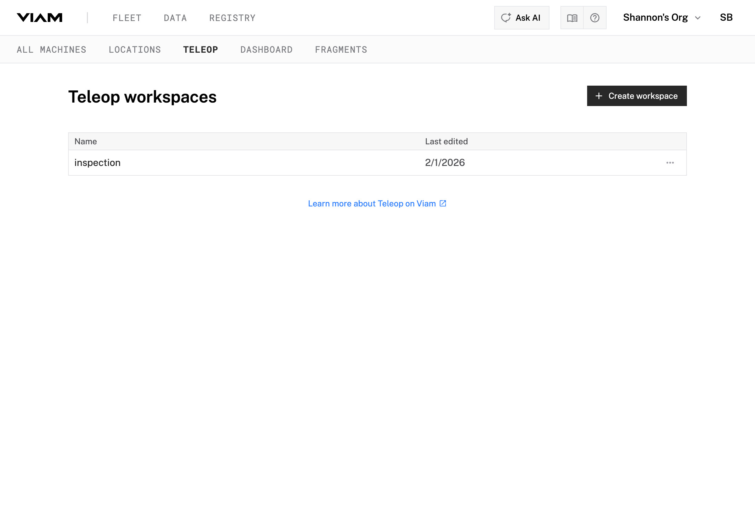 Teleop workspaces page showing the Create workspace button.